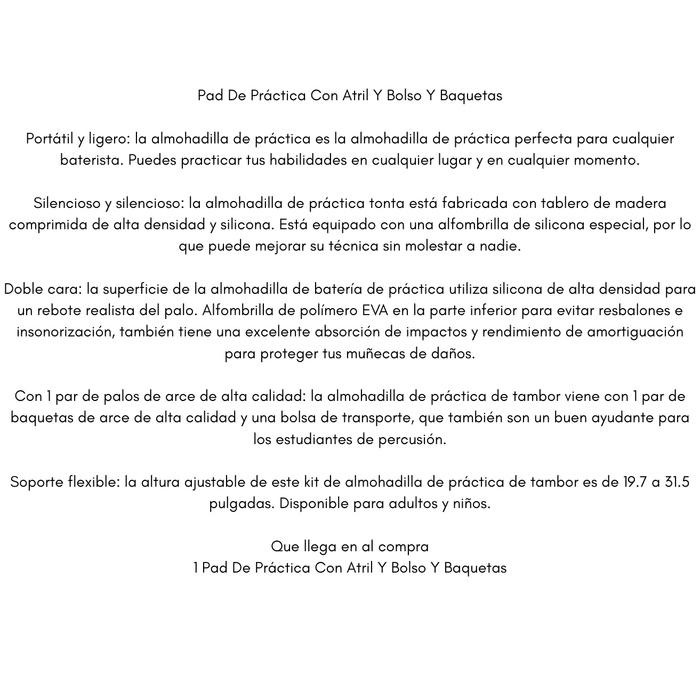 Pad De Práctica Bateria Con Atril Y Bolso Y Baquetas Negro