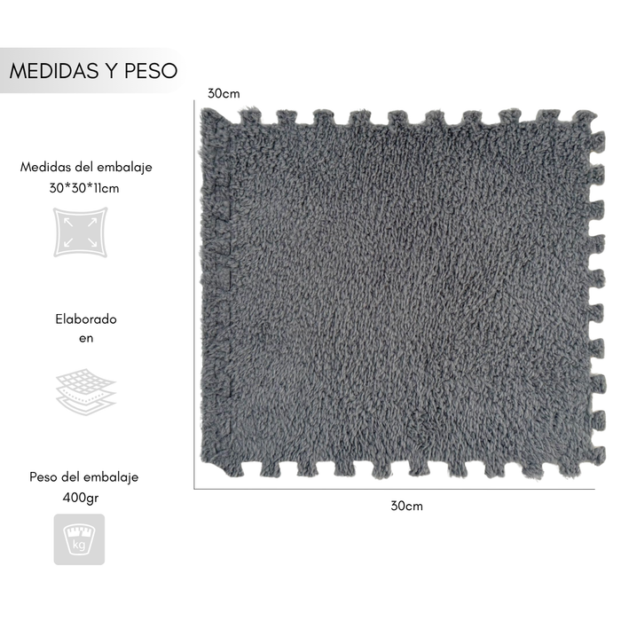 Set 10 Alfombras Goma Eva Peluda Niños Piso Felpa 30x30cm Gris