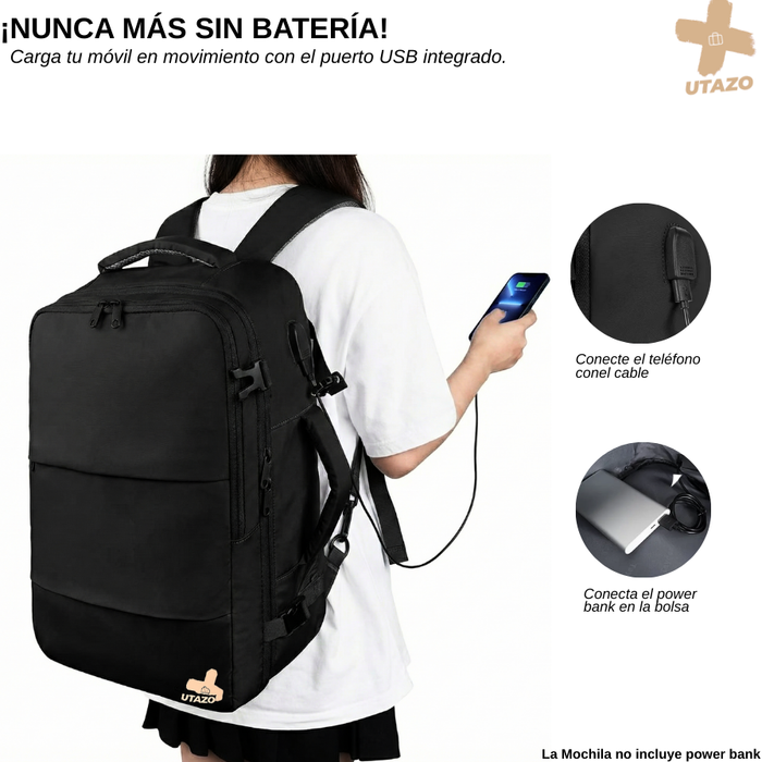 Mochila De Viaje Avión Con Usb Impermeable Laptop 15,6 35l Negro Liso