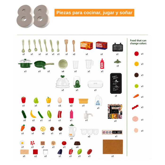 Cocina De Juguete Grande 93cm 88pcs Vapor Agua Grifo Luces