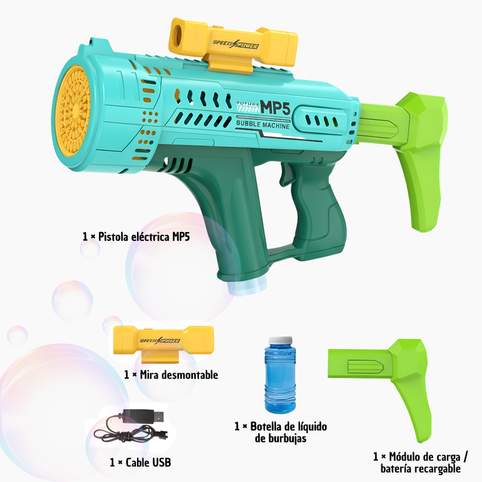 Pistola De Burbujas De Juguete Grande Mp5 Recargable Electrica Bazooka Verde