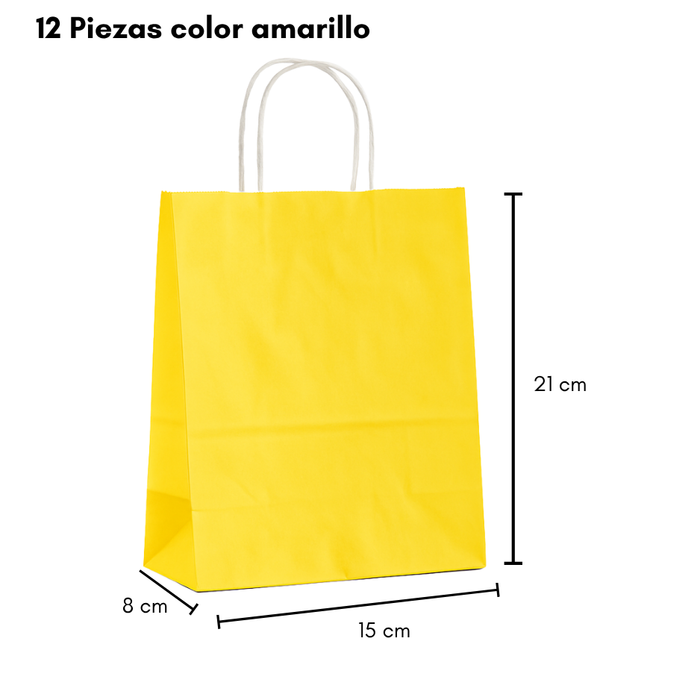 12 Bolsas De Papel Kraft Con Asa 15x21x16cm Colores Liso