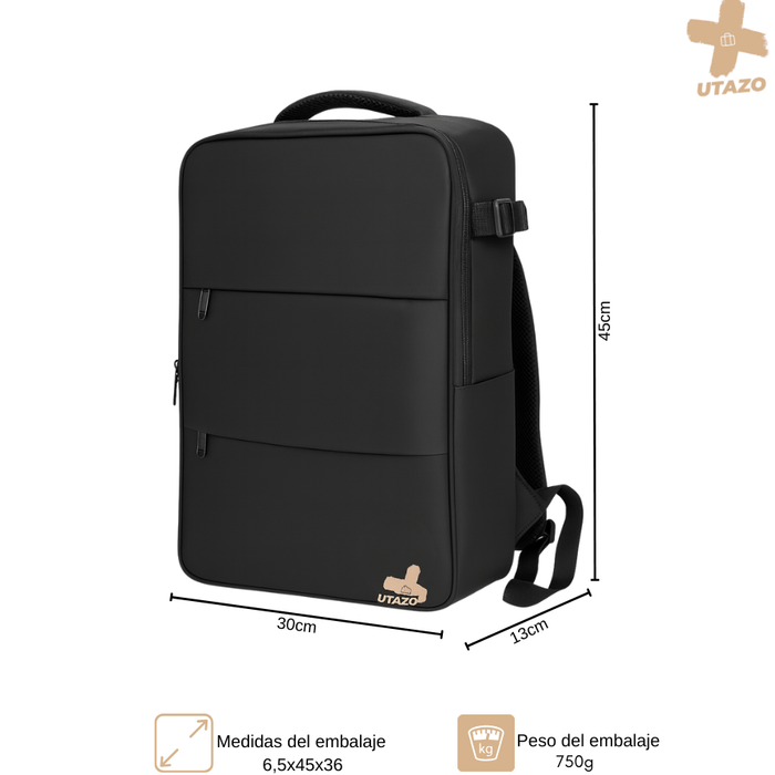 Mochila De Viaje Avión Con Usb Impermeable Laptop 15,6 35l Negro Liso
