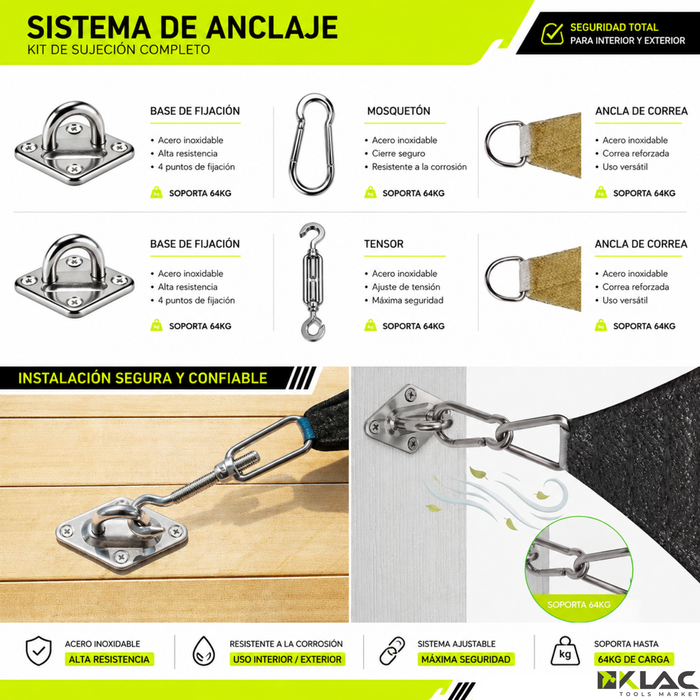 Kit De Instalacion Toldo Vela Gancho Soporte Anclaje 40pz