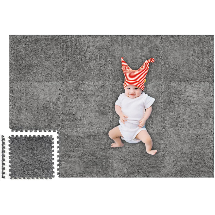 Set 10 Alfombras Goma Eva Peluda Niños Piso Felpa 30x30cm Gris