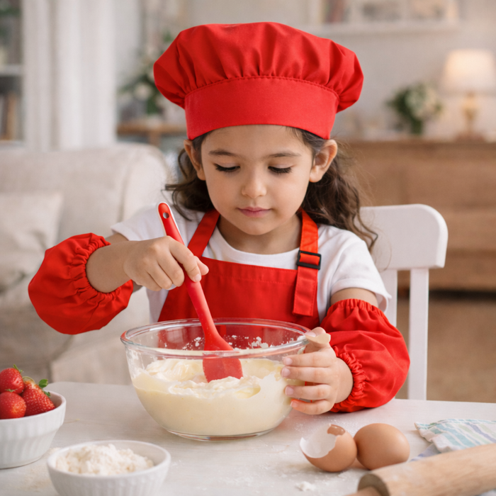 Set Delantales Cocina Infantil Gorro Mangas Protectores Chef Rojo Talla Unica