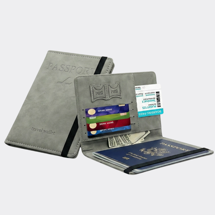 Funda Porta Pasaporte Con Tarjetero Y Sim Organizador Viaje Gris Liso