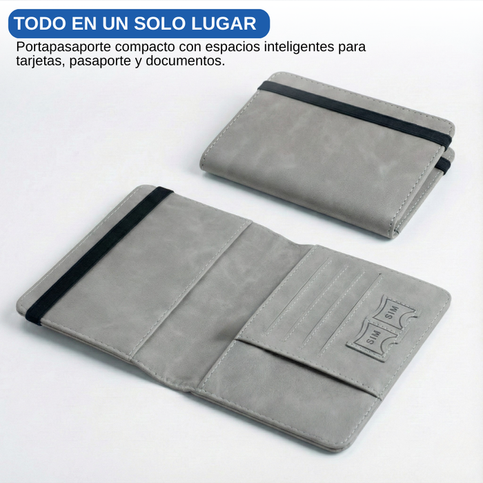 Funda Porta Pasaporte Con Tarjetero Y Sim Organizador Viaje Gris Liso