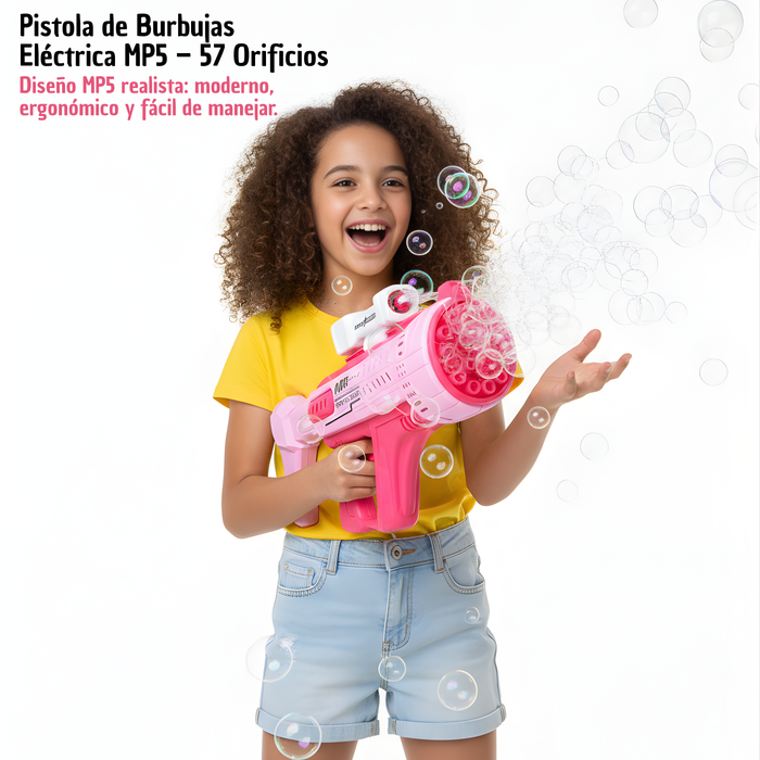 Pistola De Burbujas De Juguete Grande Mp5 Recargable Electrica Bazooka Rosado