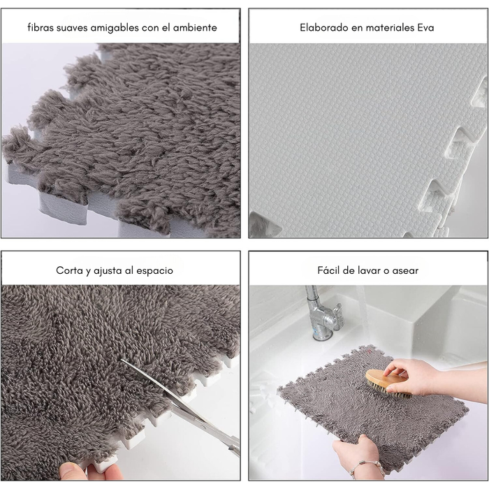 Set 10 Alfombras Goma Eva Peluda Niños Piso Felpa 30x30cm Gris