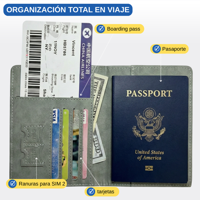 Funda Porta Pasaporte Con Tarjetero Y Sim Organizador Viaje Gris Liso