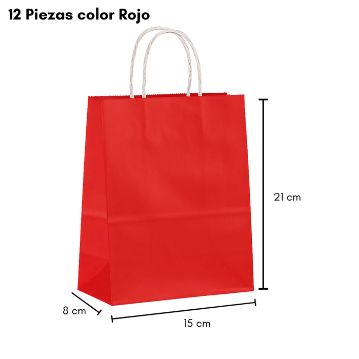 12 Bolsas De Papel Kraft Con Asa 15x21x16cm Colores Liso