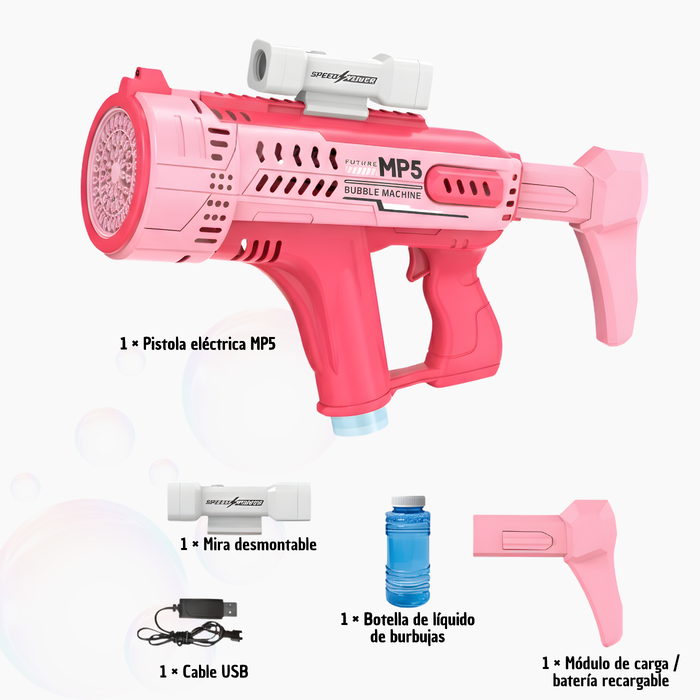 Pistola De Burbujas De Juguete Grande Mp5 Recargable Electrica Bazooka Rosado