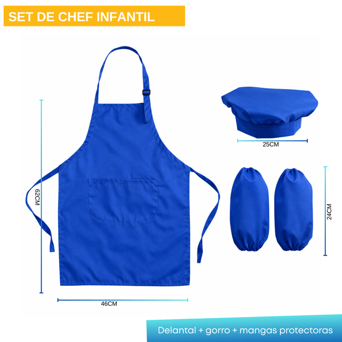 Set Delantales Cocina Infantil Gorro Mangas Protectores Chef Azul Talla Unica