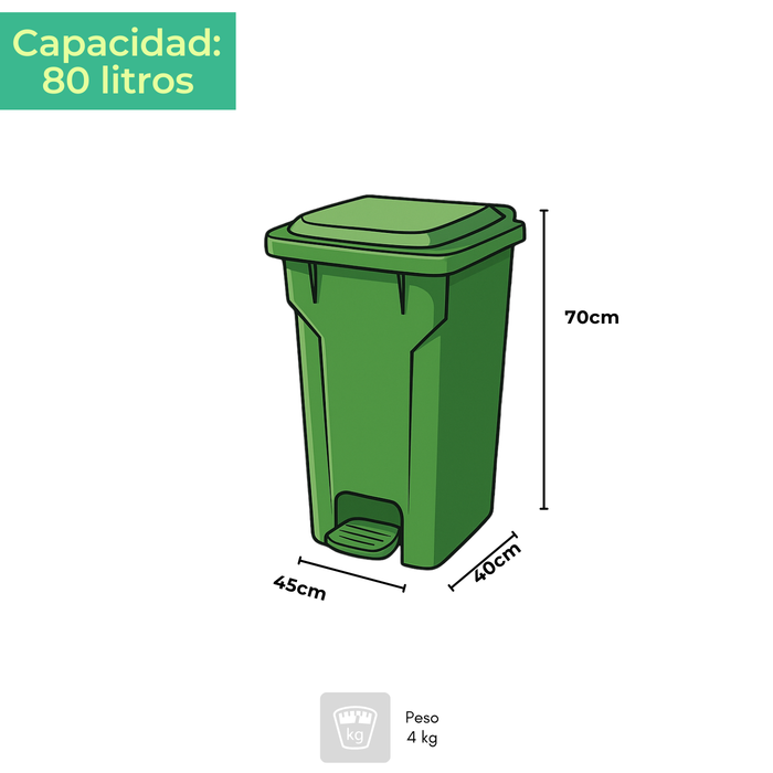 Basurero Contenedor De Basura 80l Verde Con Tapa Y Pedal
