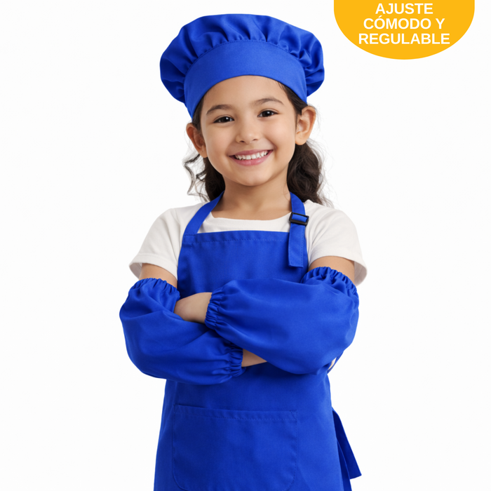 Set Delantales Cocina Infantil Gorro Mangas Protectores Chef Azul Talla Unica