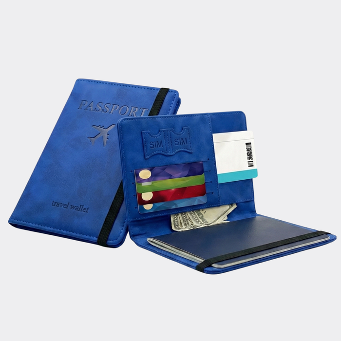 Funda Porta Pasaporte Con Tarjetero Y Sim Organizador Viaje Azul Liso
