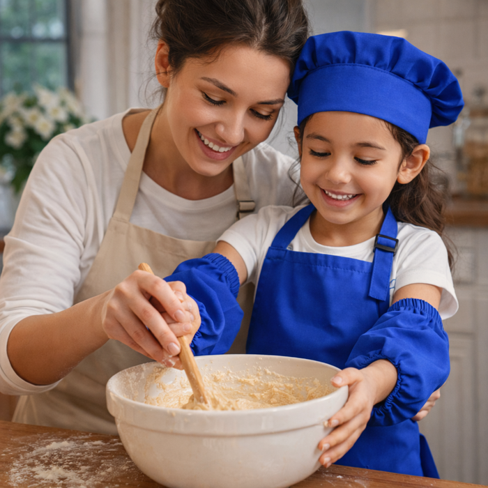 Set Delantales Cocina Infantil Gorro Mangas Protectores Chef Azul Talla Unica
