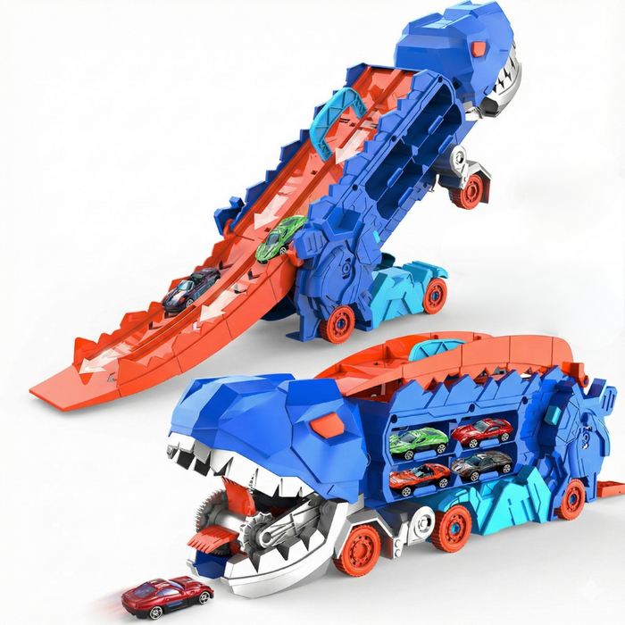Camión Dinosaurio T Rex Con Pista Deslizante Y Autos T Rex Con Pista Deslizante Y Autos Tiranosaurio Rex Azul