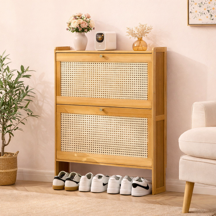 Zapatero Organizador Ratán 2 Cajones Abatibles 87x60x17cm Marrón Claro