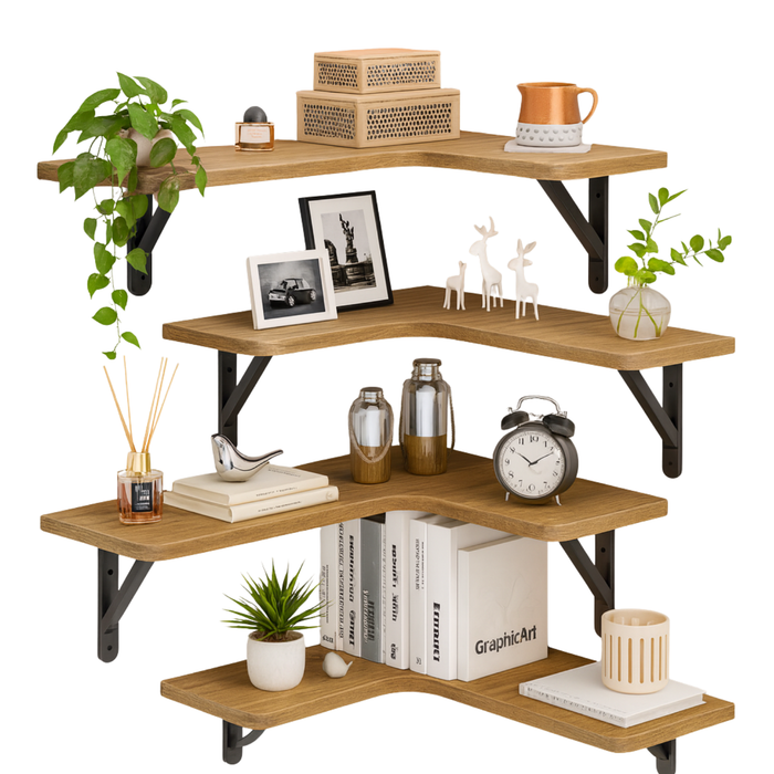 Repisas Esquineras Flotantes Madera Clara Set de 4 con Soportes Metálicos