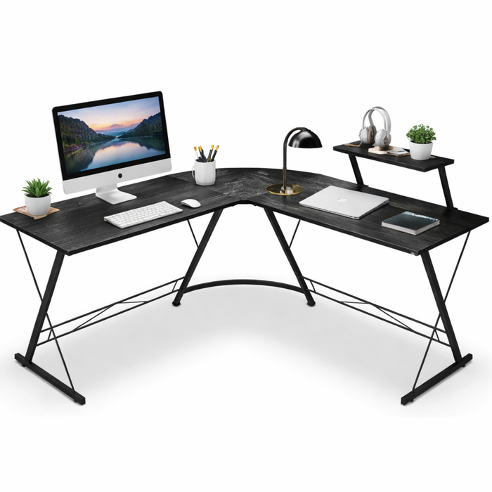 Escritorio Esquinero Gamer En L Con Estante Para Monitor Negro