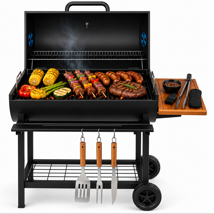 Parrilla Móvil Acero Inoxidable Con Ruedas Tipo Barril Negro