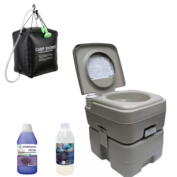 Pack Baño Químico Portátil 20lt Ducha Camping 40lt Líquido Gris