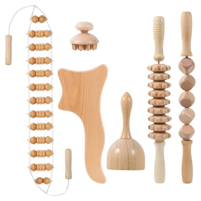 Set Maderoterapia 6 Piezas Rodillo Para Masaje Gua Sha