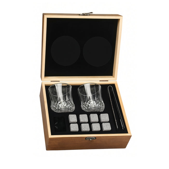 Set De Vasos Shot Whisky Tequileros Con Hielos Reutilizables Set Granito Chill Vasos Caja Madera 7pcs Telotenemos