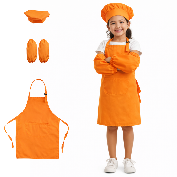Set Delantales Cocina Infantil Gorro Mangas Protectores Chef Naranja Talla Unica