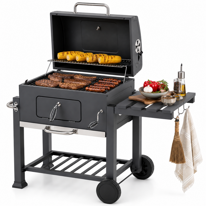 Parrilla A Carbón Móvil Tapa Acero Inoxidable Ruedas Mesa