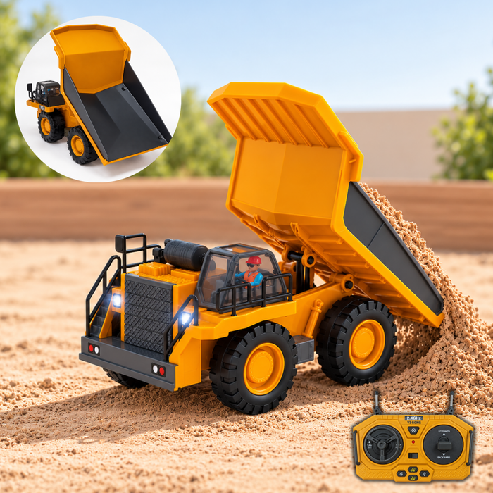 Camión Tolva 1:24 Juguete A Control Remoto RC 9 Canales 2.4GHz Volquete Con Tolva Elevable Luz Frontal Sonido Y Control Multidireccional Juguete De Construcción Para Niños