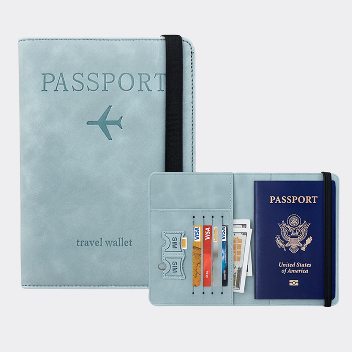 Funda Porta Pasaporte Con Tarjetero Y Sim Organizador Viaje Verde Aguamarina Liso
