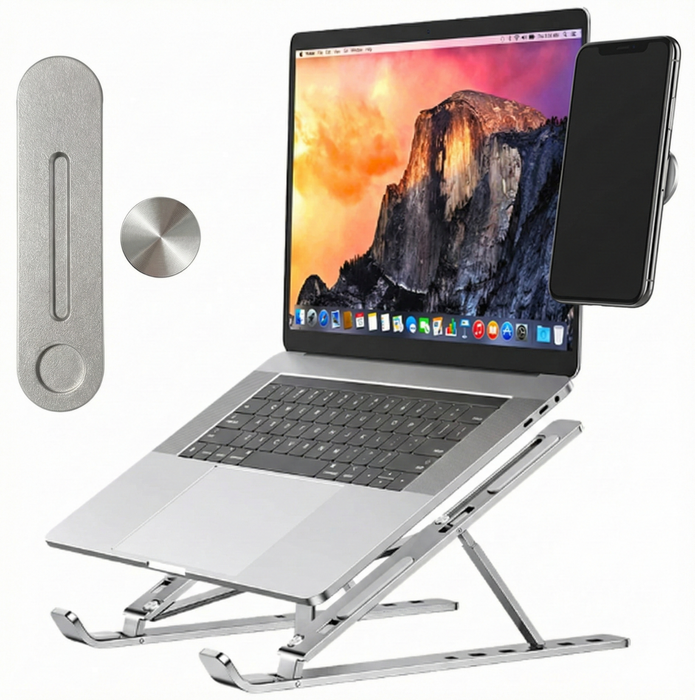 Pack Soporte Notebook Y Celular Imán Ajustable Aluminio Plateado