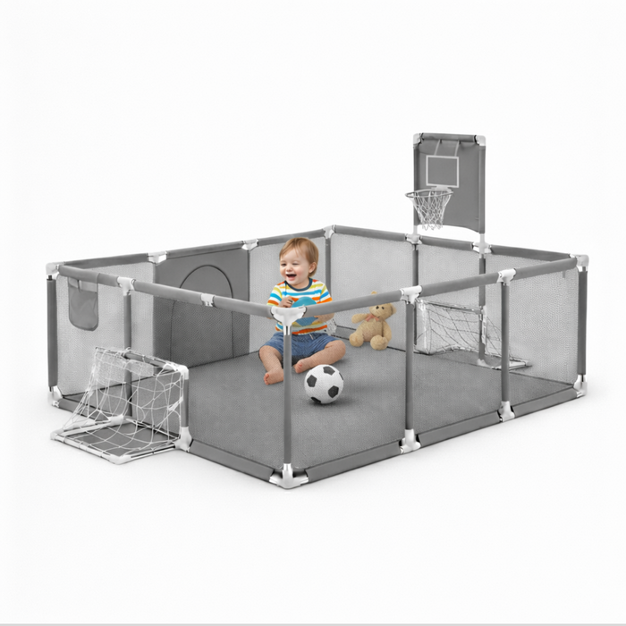 Corral Bebe Seguridad Juego Basket Futbol Infantil Malla Gris Liso