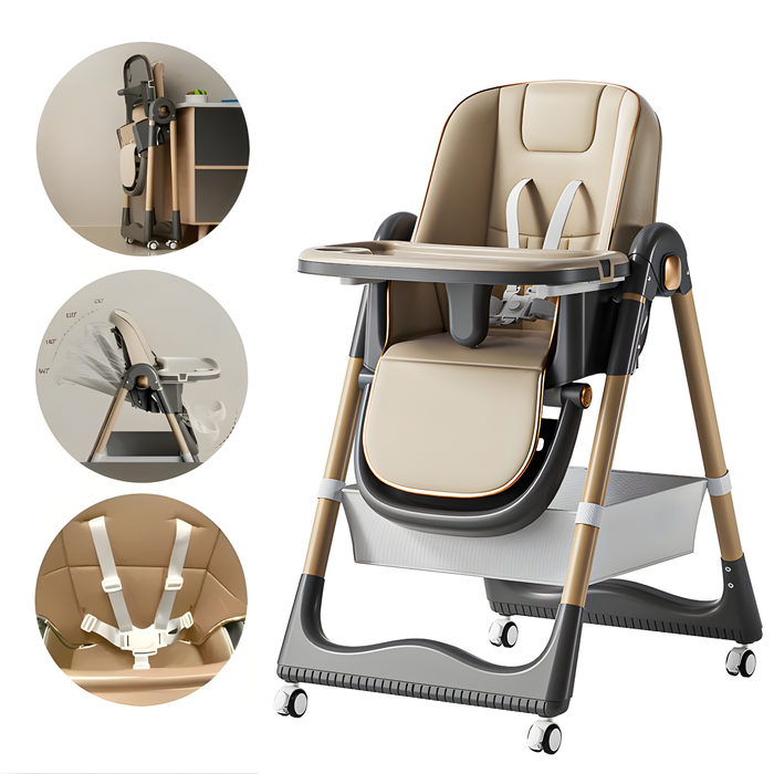 Silla De Comer Plegable Para Bebé Con Mesa Ajustable Ruedas Silla Comedor Beige