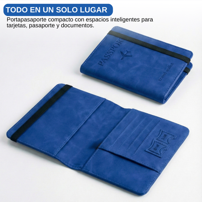 Funda Porta Pasaporte Con Tarjetero Y Sim Organizador Viaje Azul Liso