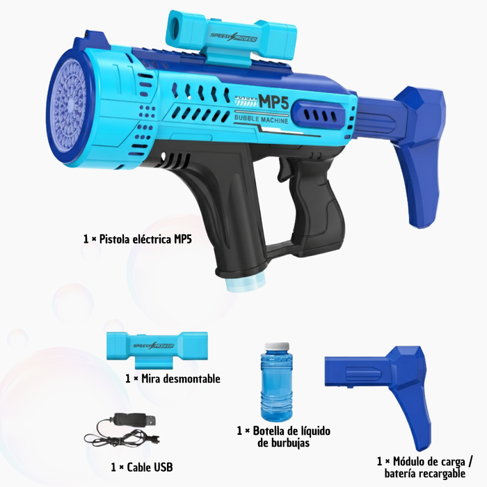 Pistola De Burbujas De Juguete Grande Mp5 Recargable Electrica Bazooka Azul