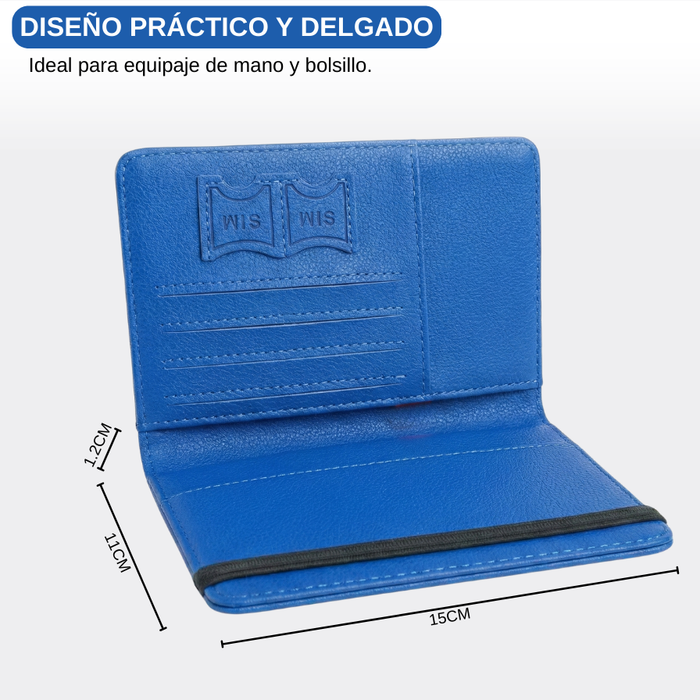 Funda Porta Pasaporte Con Tarjetero Y Sim Organizador Viaje Azul Liso