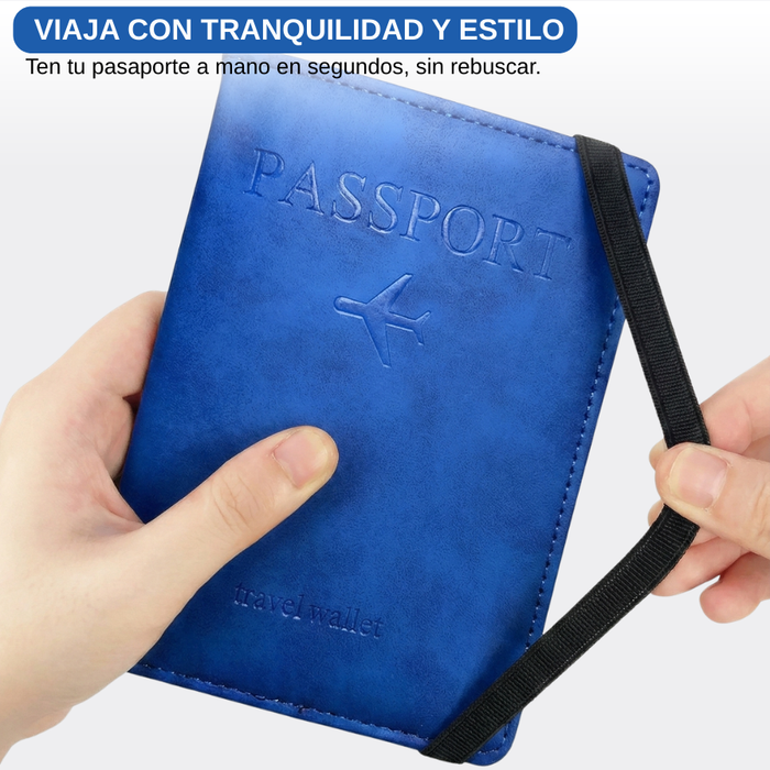 Funda Porta Pasaporte Con Tarjetero Y Sim Organizador Viaje Azul Liso