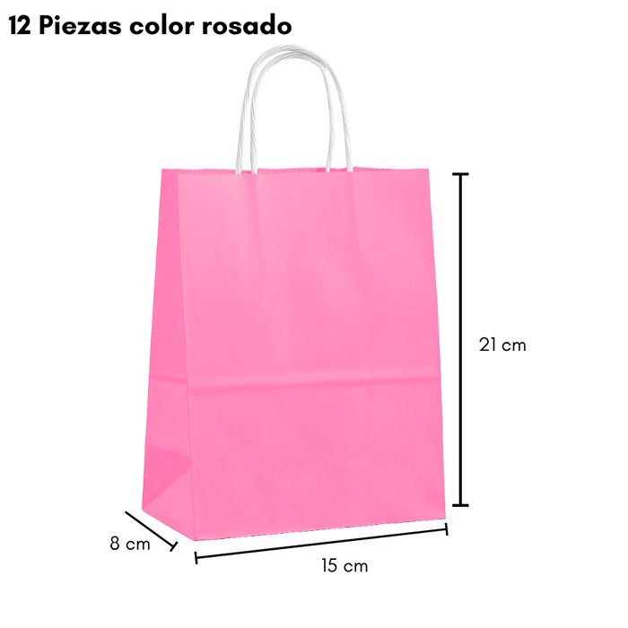 12 Bolsas De Papel Kraft Con Asa 15x21x16cm Colores Liso