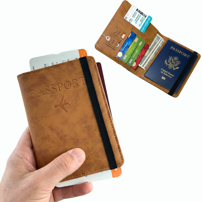 Funda Porta Pasaporte Con Tarjetero Y Sim Organizador Viaje Marrón Liso