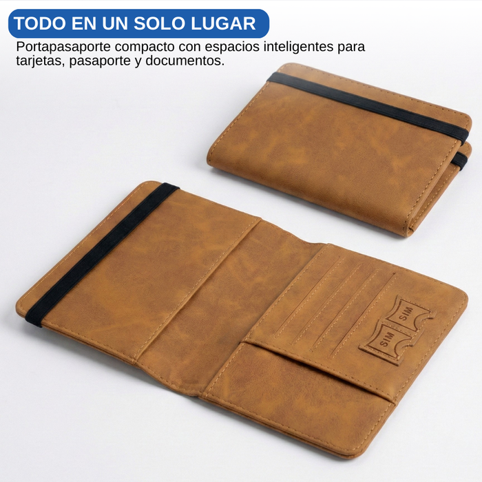 Funda Porta Pasaporte Con Tarjetero Y Sim Organizador Viaje Marrón Liso