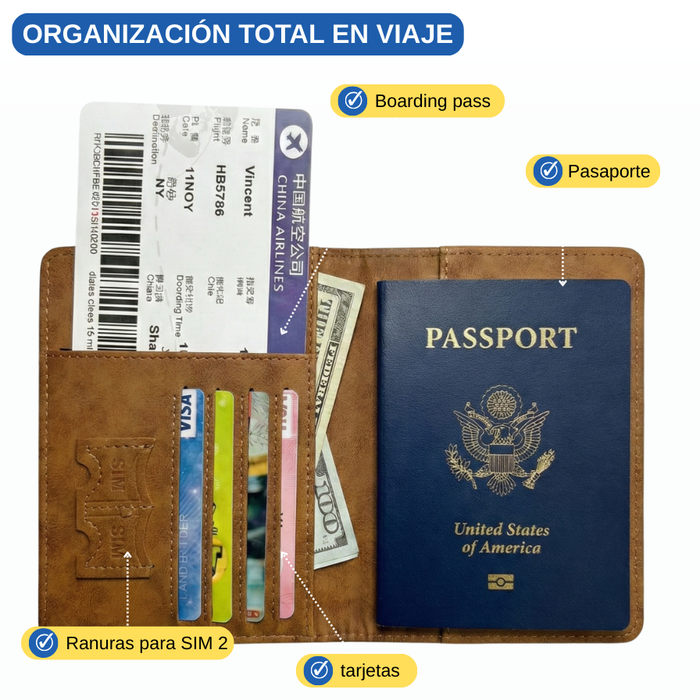 Funda Porta Pasaporte Con Tarjetero Y Sim Organizador Viaje Marrón Liso