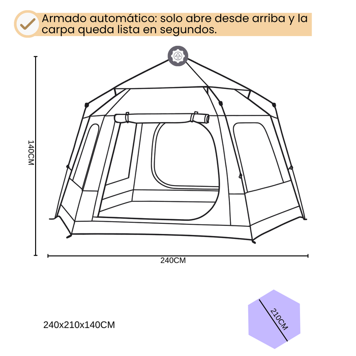 Carpa Automática Hexagonal Para 3-4 Personas 240x210x140