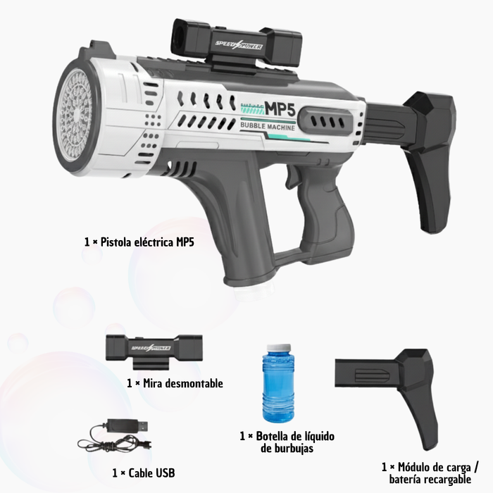 Pistola De Burbujas De Juguete Grande Mp5 Recargable Electrica Bazooka Gris