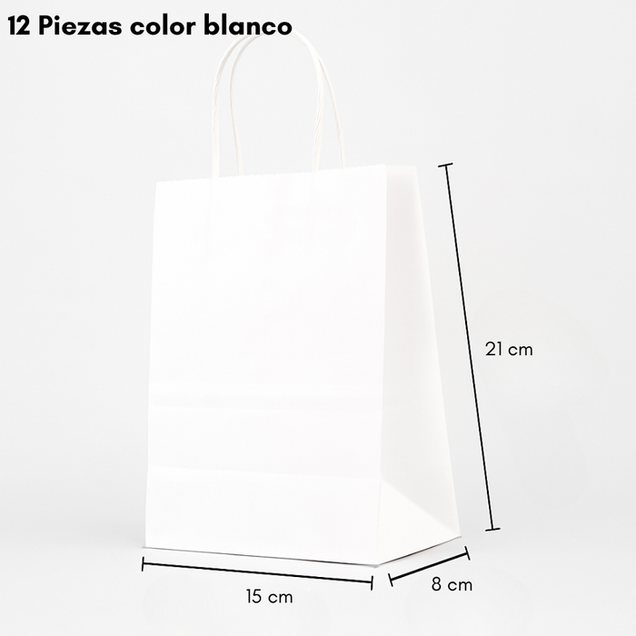 12 Bolsas De Papel Kraft Con Asa 15x21x16cm Colores Liso