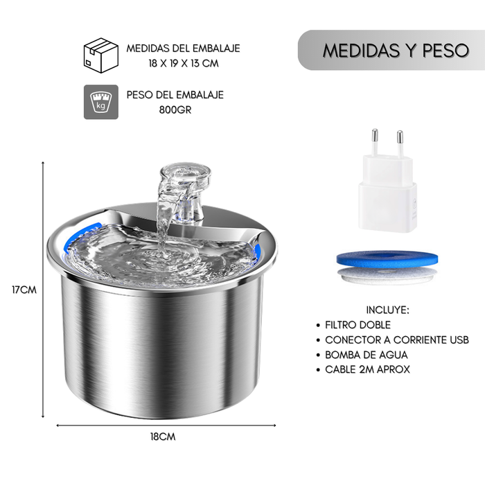 Filtro Fuente Bebedero Agua Gato Perros Acero Inoxidable