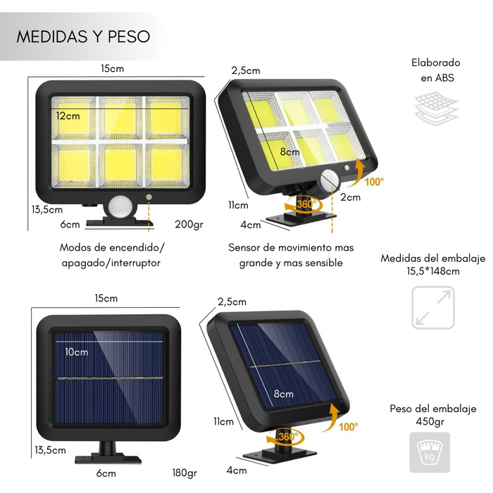 2 Foco Led Solar 120 Sensor Movimiento Reflector Luz